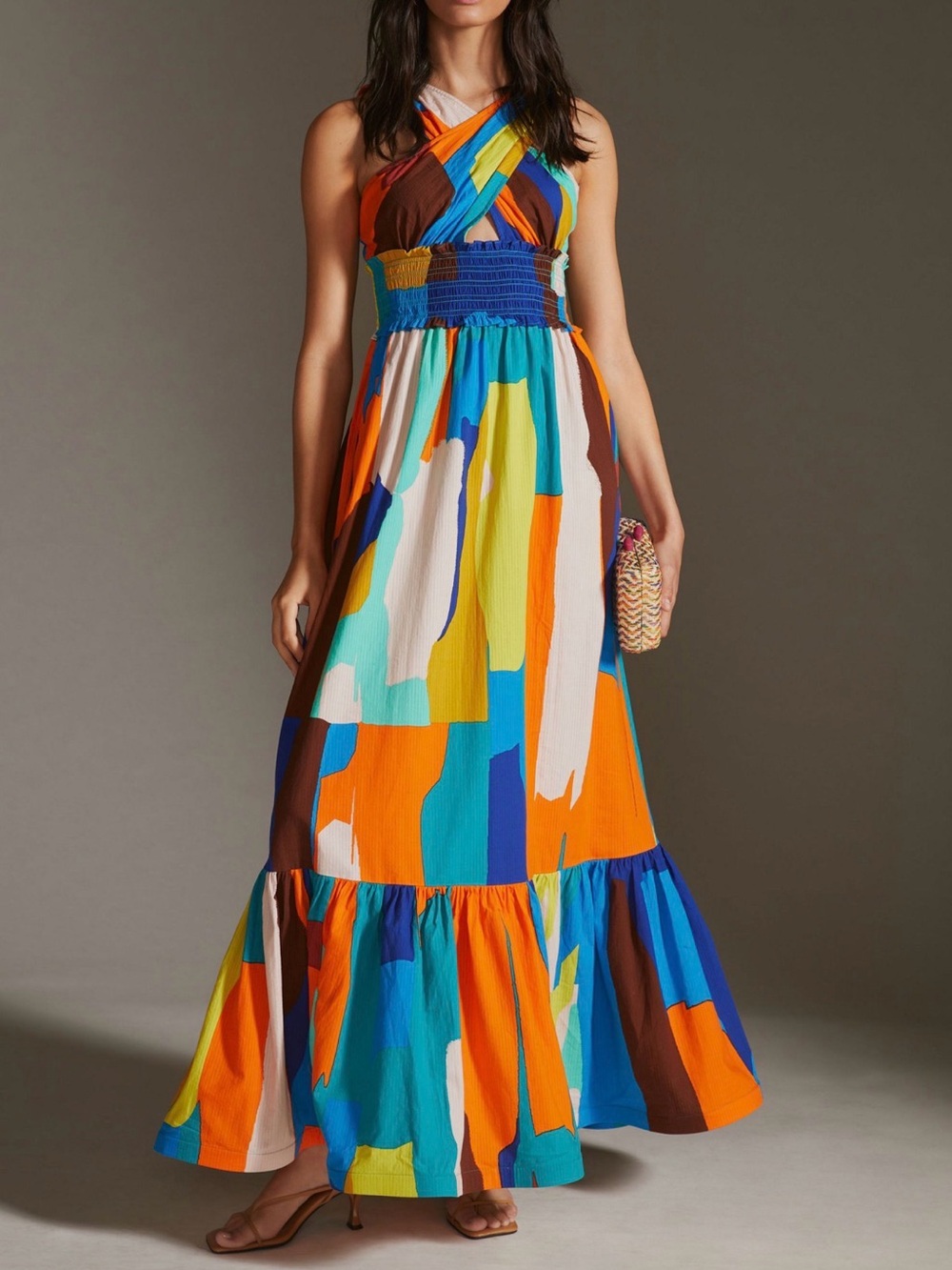 Abstract Colorblock Printed Halter Maxi Dress in Blue & Orange